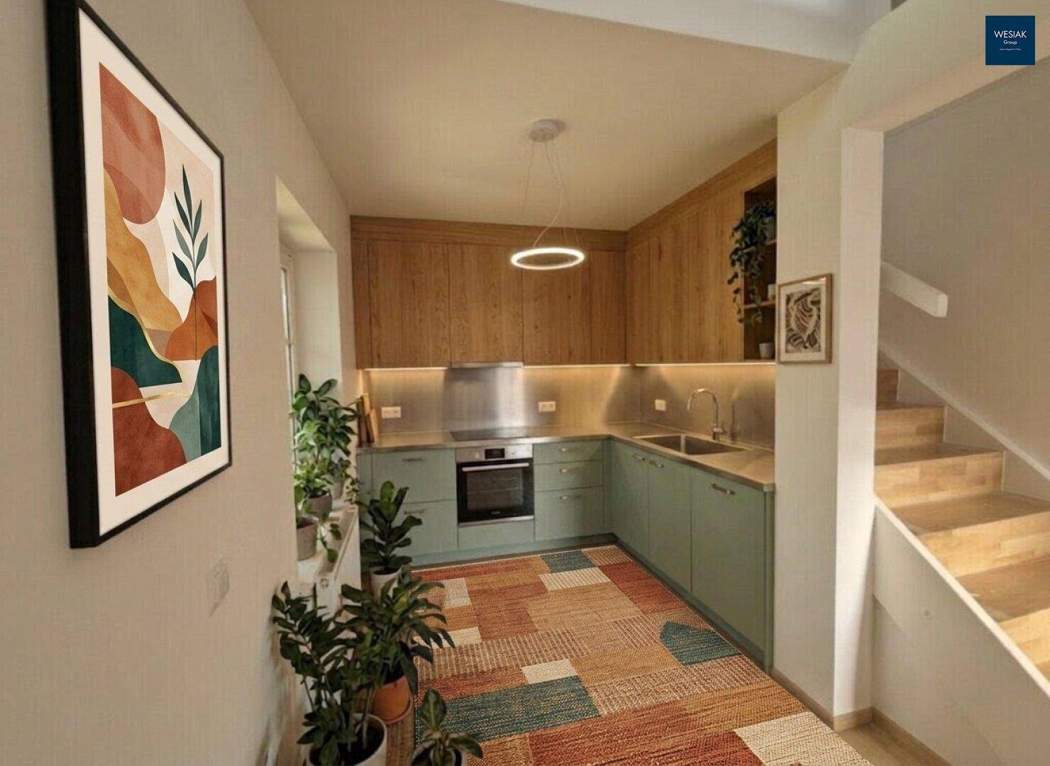 Moderne Küche mit mintgrünen Unterschränken, Holzwänden und integrierten Geräten, mit Treppenzugang.