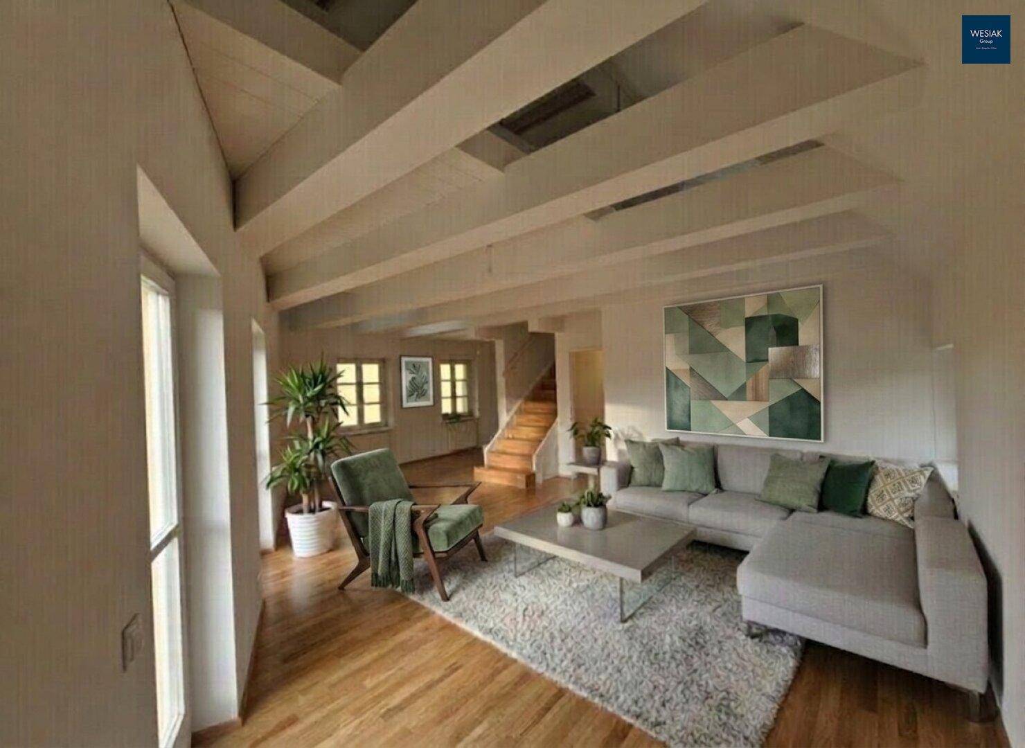 Heller Wohnbereich mit Holzboden, hohen Decken und moderner Einrichtung, offen und einladend.