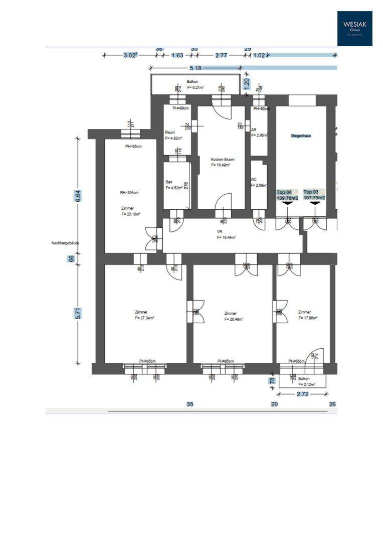 Grundriss einer Wohnung mit mehreren Zimmern, einem Bad, separatem WC und zwei Balkonen.
