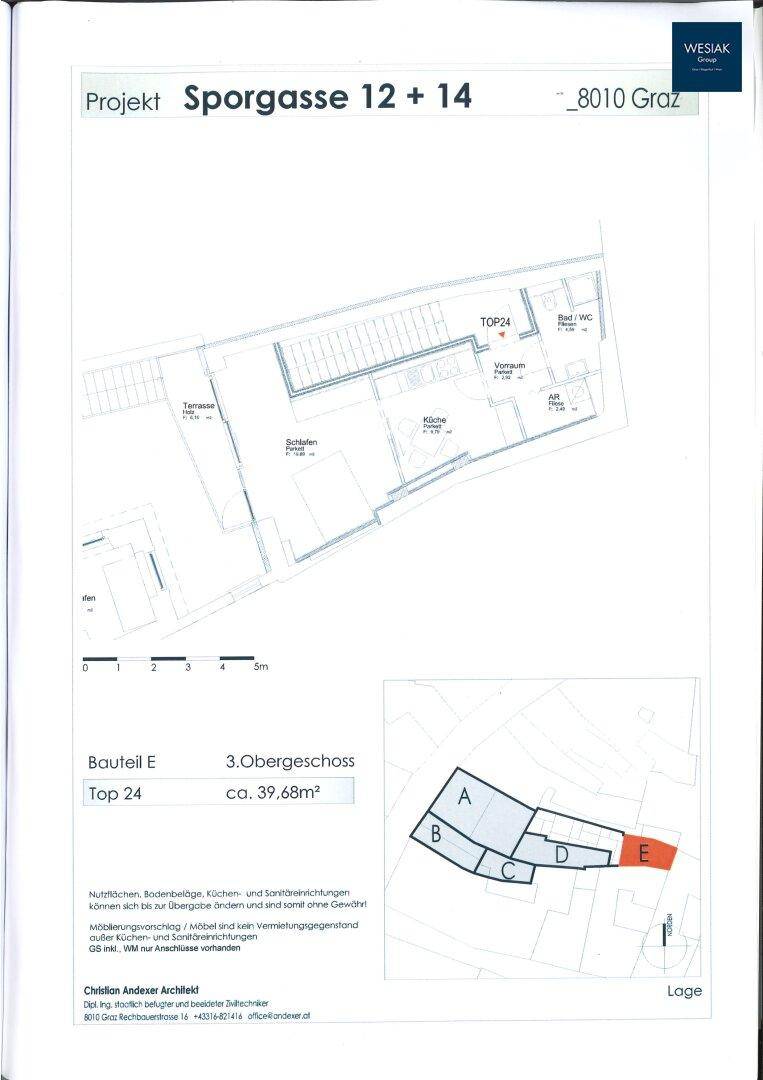 Grundriss der Wohnung Top 24 im 3. Obergeschoss mit Terrasse und offenem Wohnbereich.