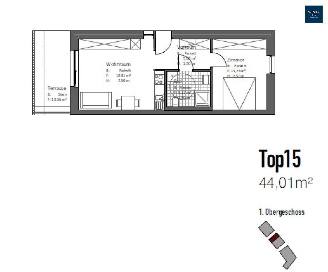 Grundriss der Wohnung Top 15 im ersten Obergeschoss mit Terrasse.