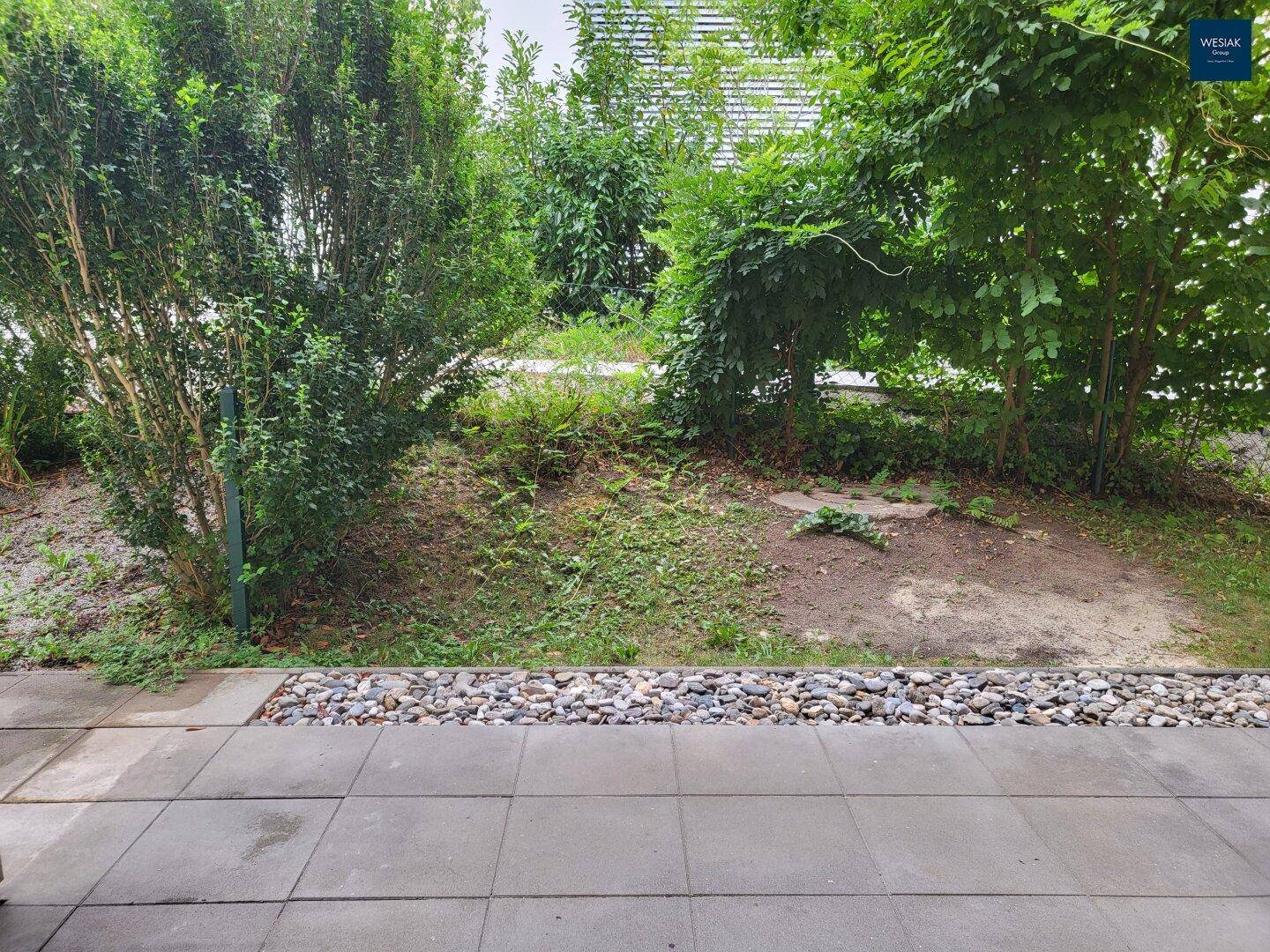 Gepflasterte Terrasse mit Kiesrand und Blick ins Grüne mit Bäumen und Sträuchern.