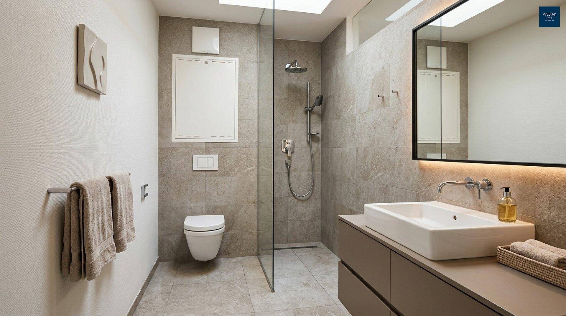 Modernes Badezimmer mit begehbarer Dusche, Wand-WC und stilvollem Waschtisch mit Unterschrank.