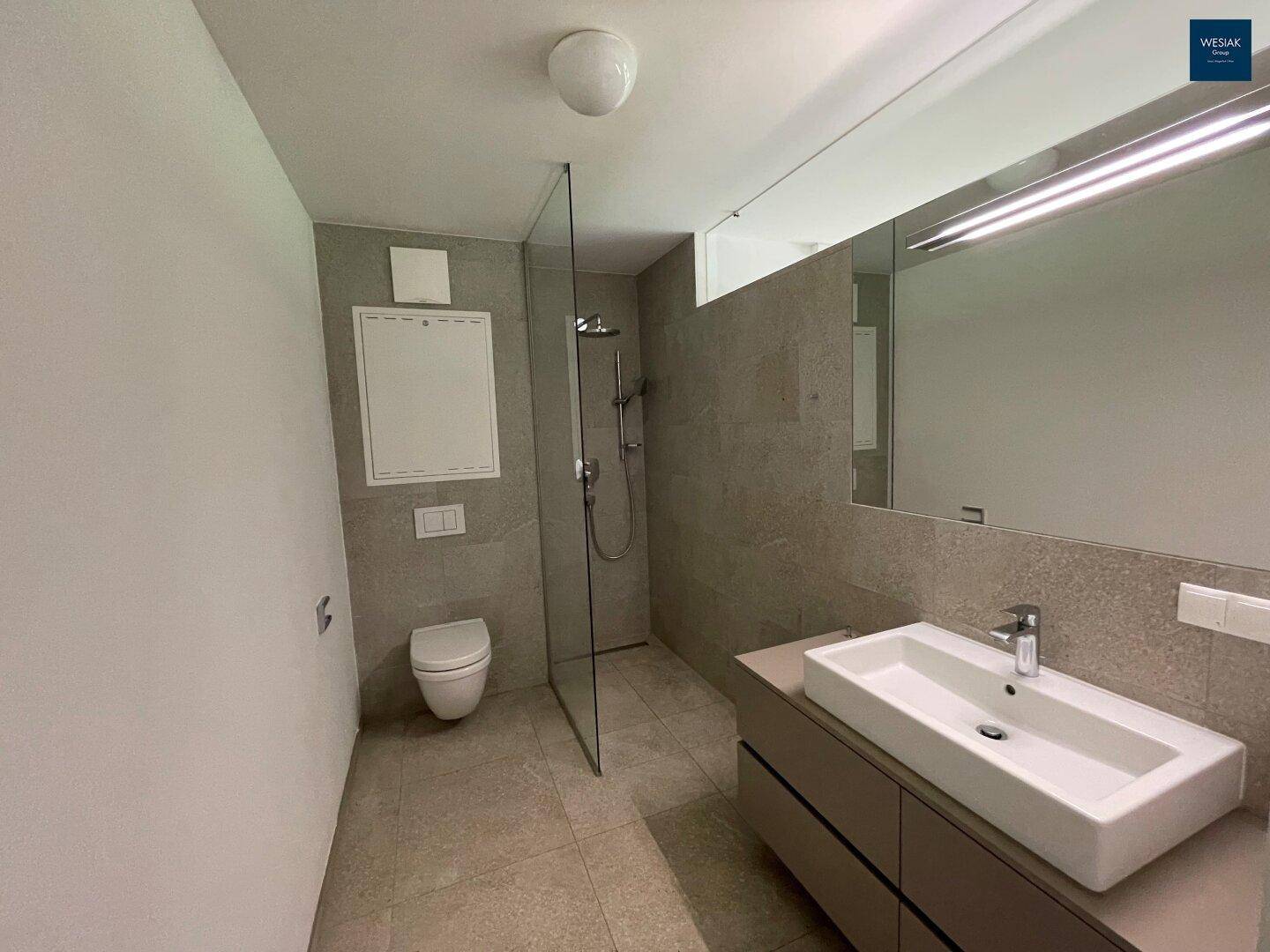Modernes Badezimmer mit begehbarer Dusche, Wand-WC und stilvollem Waschtisch mit Unterschrank.