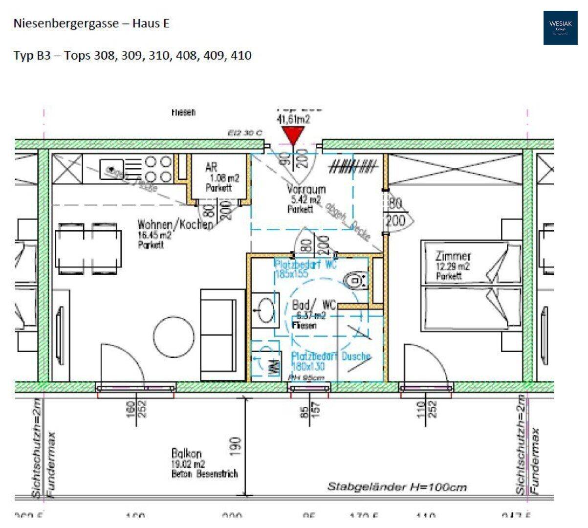 Grundriss einer Wohnung mit Wohn-/Kochbereich, Zimmer, Bad/WC und Balkon.