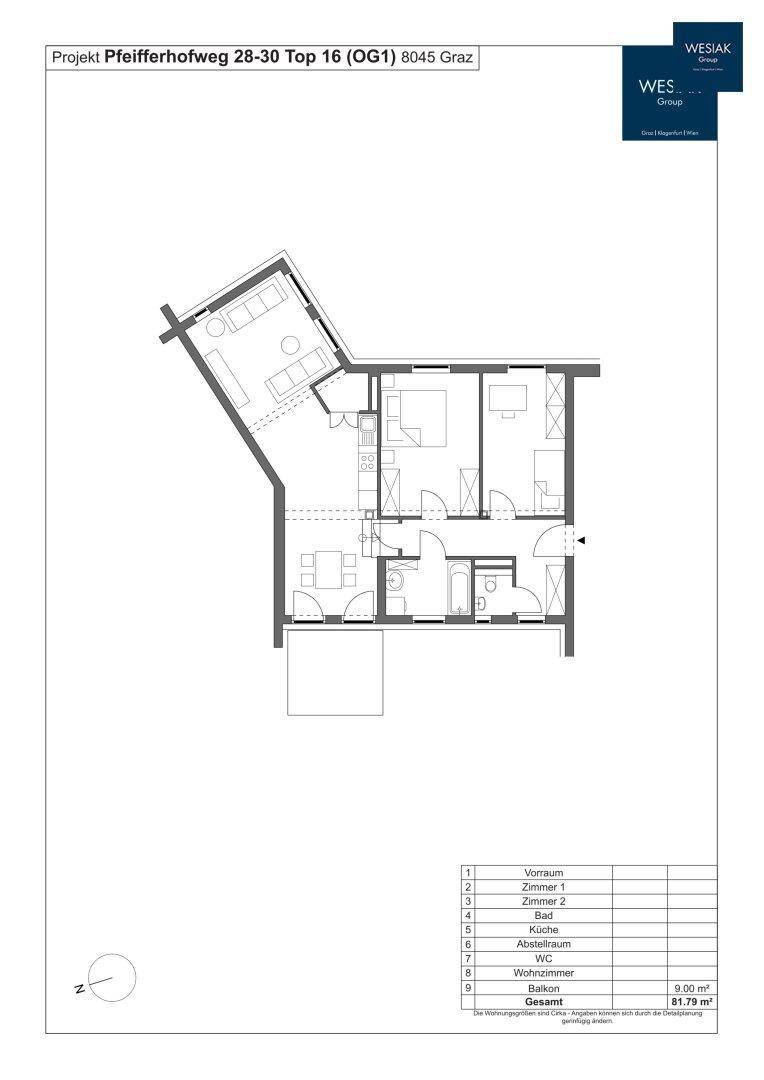 Detaillierter Grundriss der Wohnung mit Raumaufteilung und Flächenangaben.