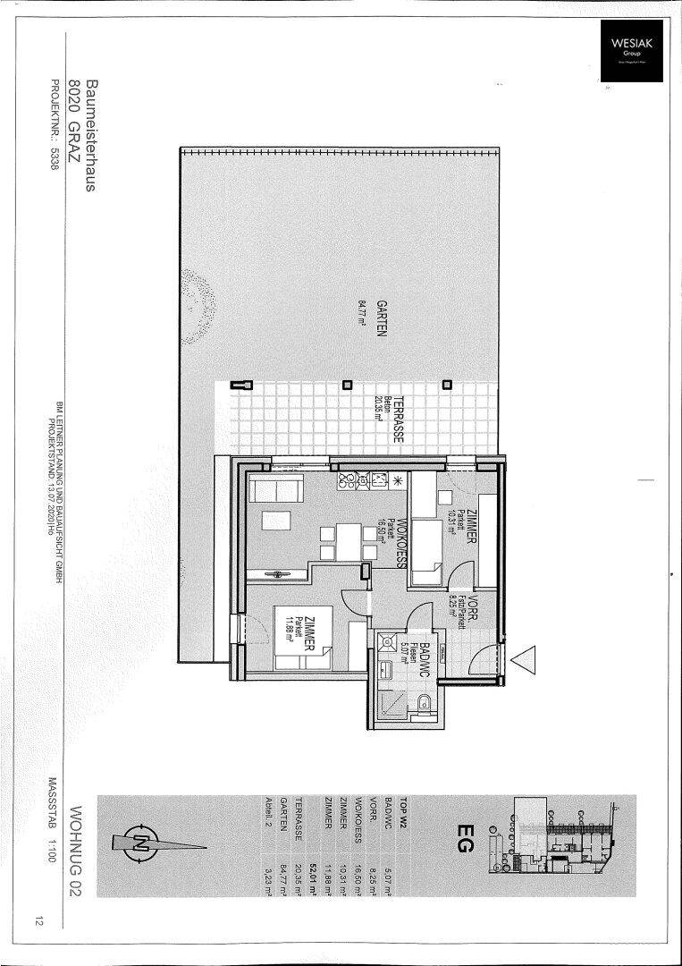 Grundriss einer Erdgeschosswohnung mit Terrasse und privatem Gartenbereich.