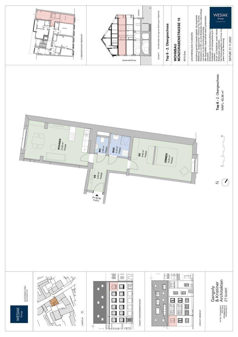 Detaillierter Grundriss einer Wohnung im Obergeschoss mit mehreren Räumen und Balkon.