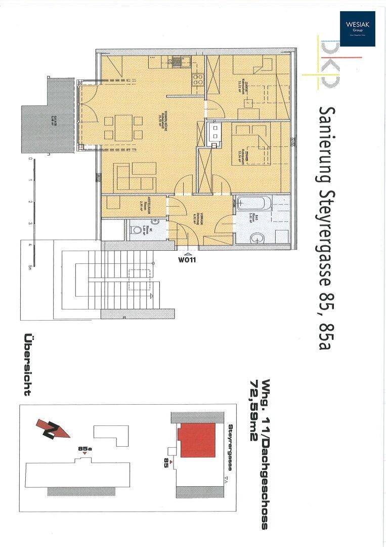 Grundriss einer Dachgeschosswohnung mit offenem Wohnbereich, Balkon und separatem WC.