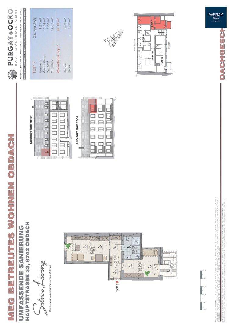 Grundriss des Dachgeschosses mit verschiedenen Wohneinheiten, Balkonen und barrierefreien Bädern.