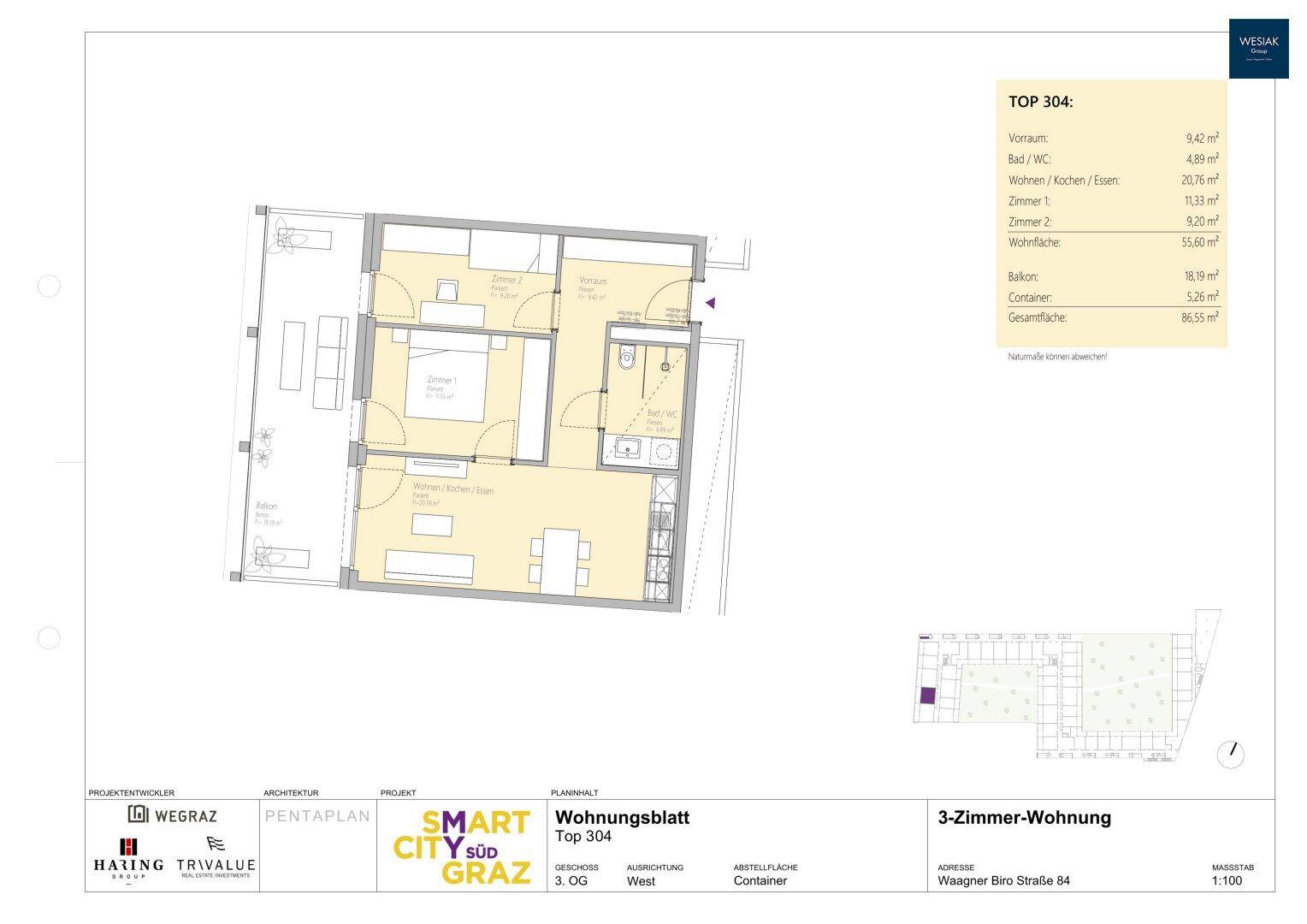 Grundriss der 3-Zimmer-Wohnung TOP 304 mit offenem Wohnbereich, zwei Schlafzimmern und Balkon.