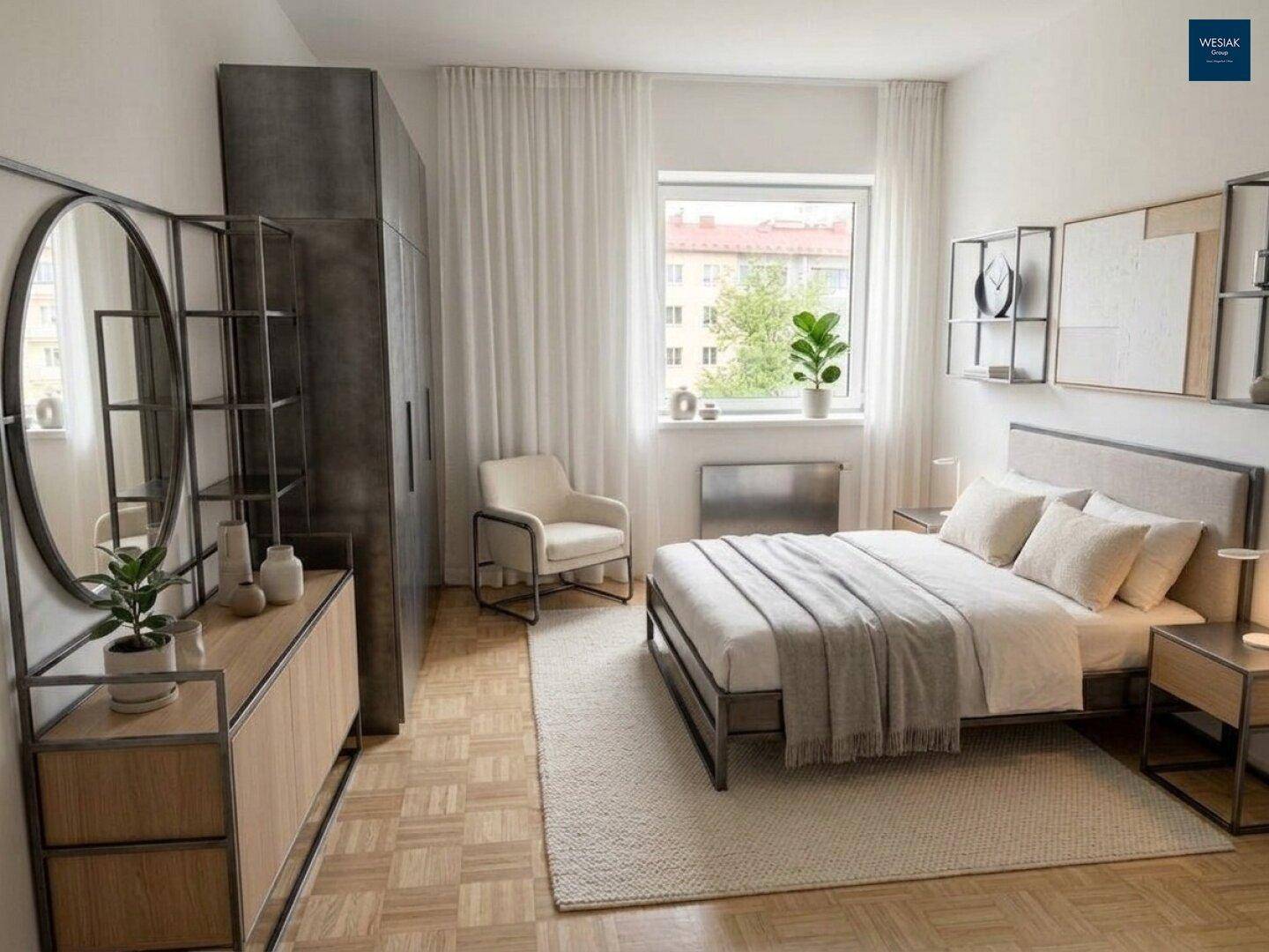 Modernes Schlafzimmer mit Parkettboden, großem Fenster und stilvollen Möbeln.
