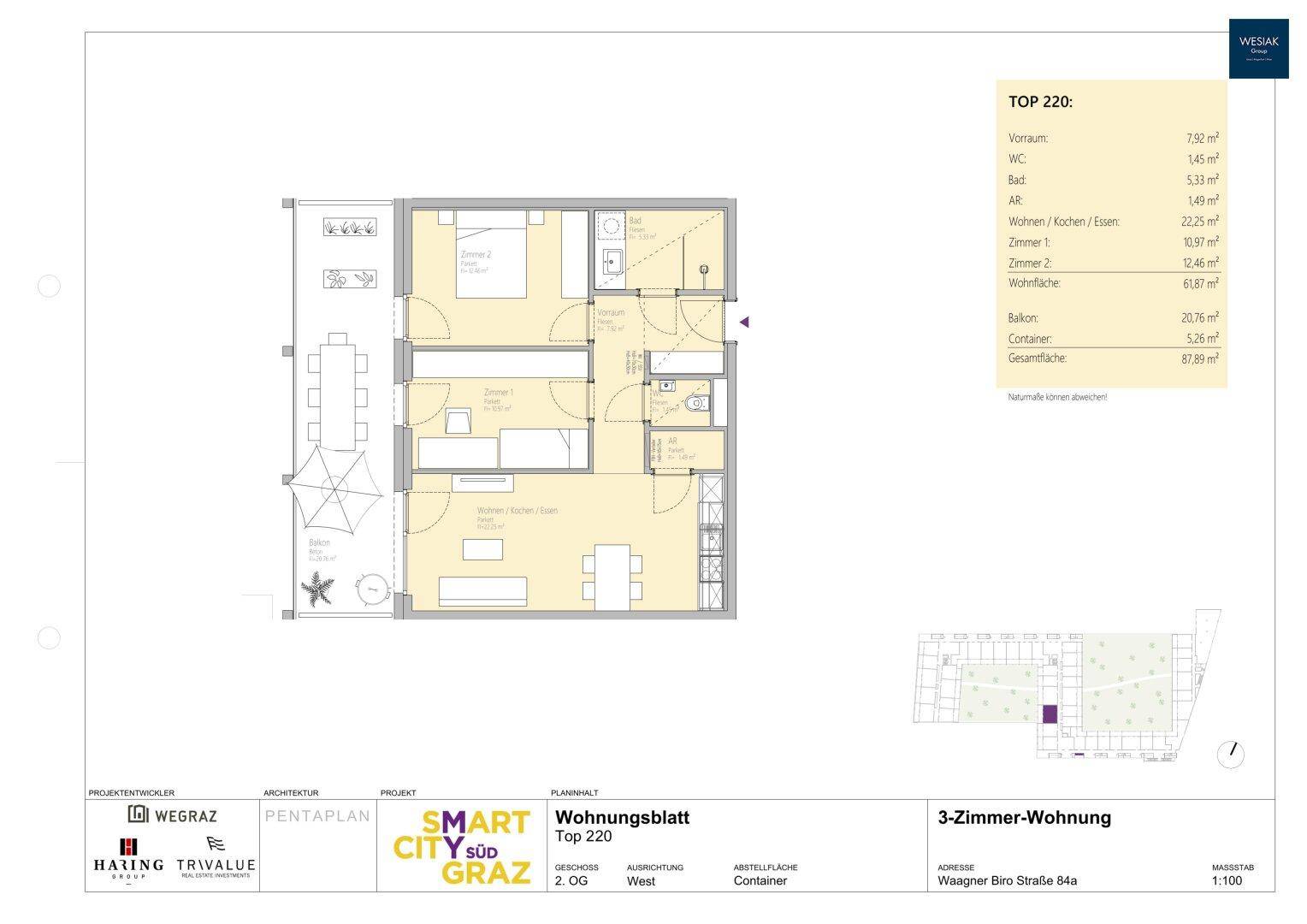 Grundriss der 3-Zimmer-Wohnung Top 220 mit Balkon und offenem Wohnbereich.