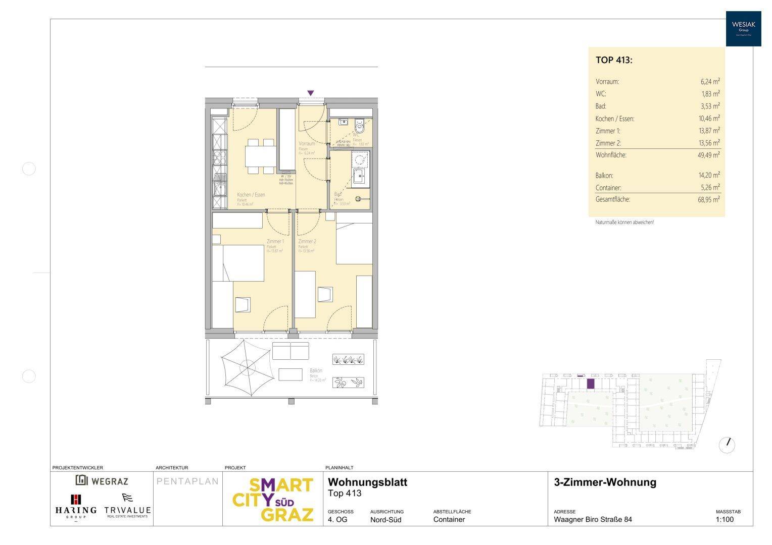 Grundriss einer 3-Zimmer-Wohnung mit Balkon und detaillierten Flächenangaben.