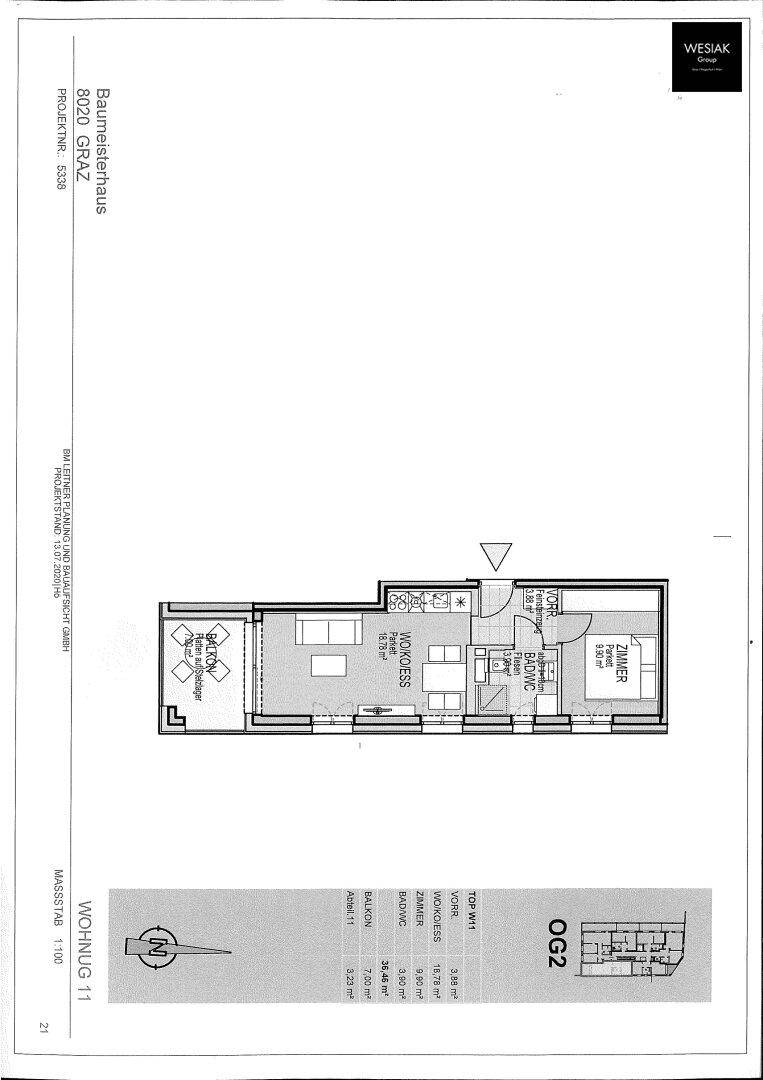 Grundriss der Wohnung Top 11 mit Balkon, offenem Wohnbereich und separatem WC.