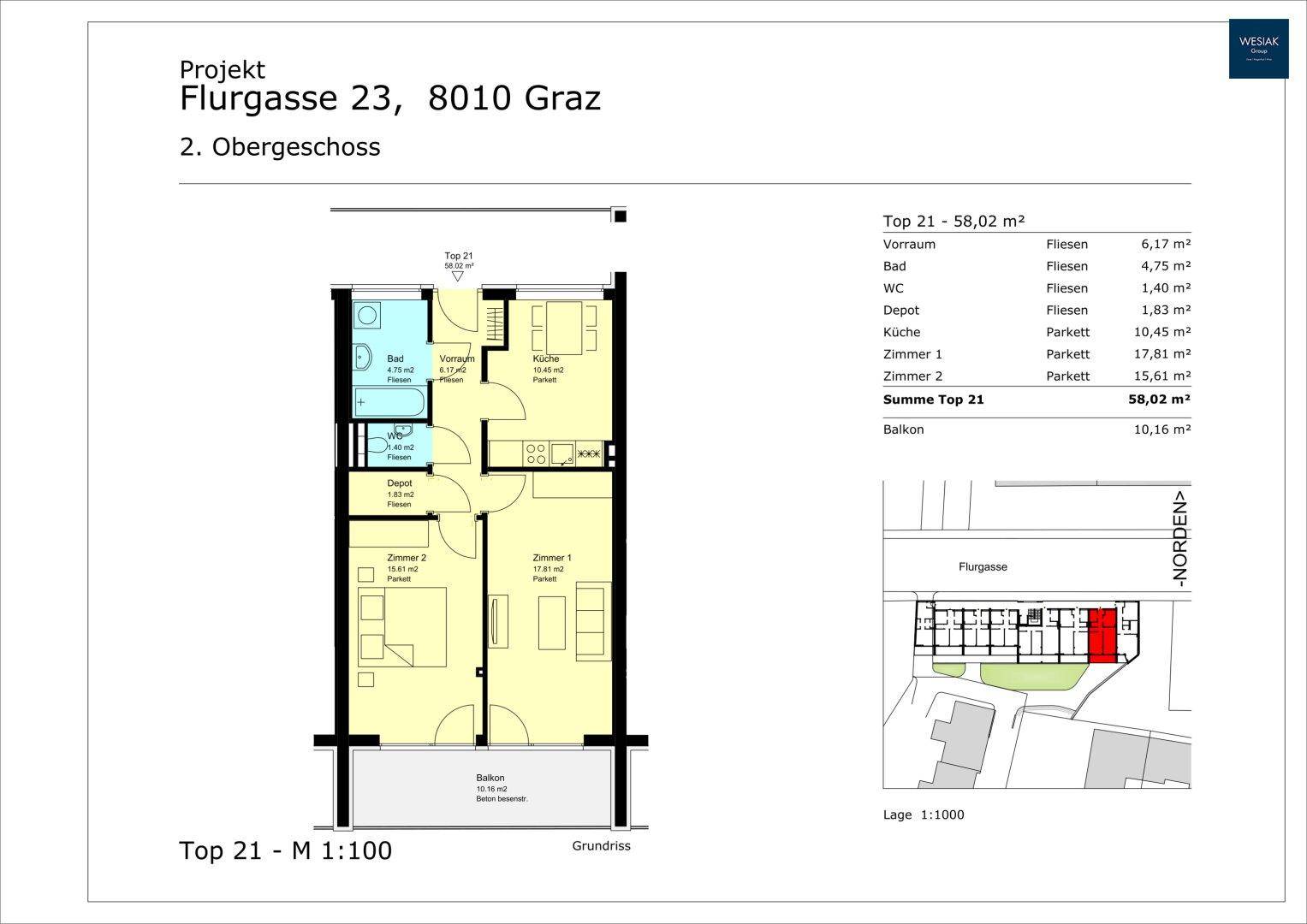 Grundriss der Wohnung Top 21 mit 58,02 m² und einem Balkon von 10,16 m².
