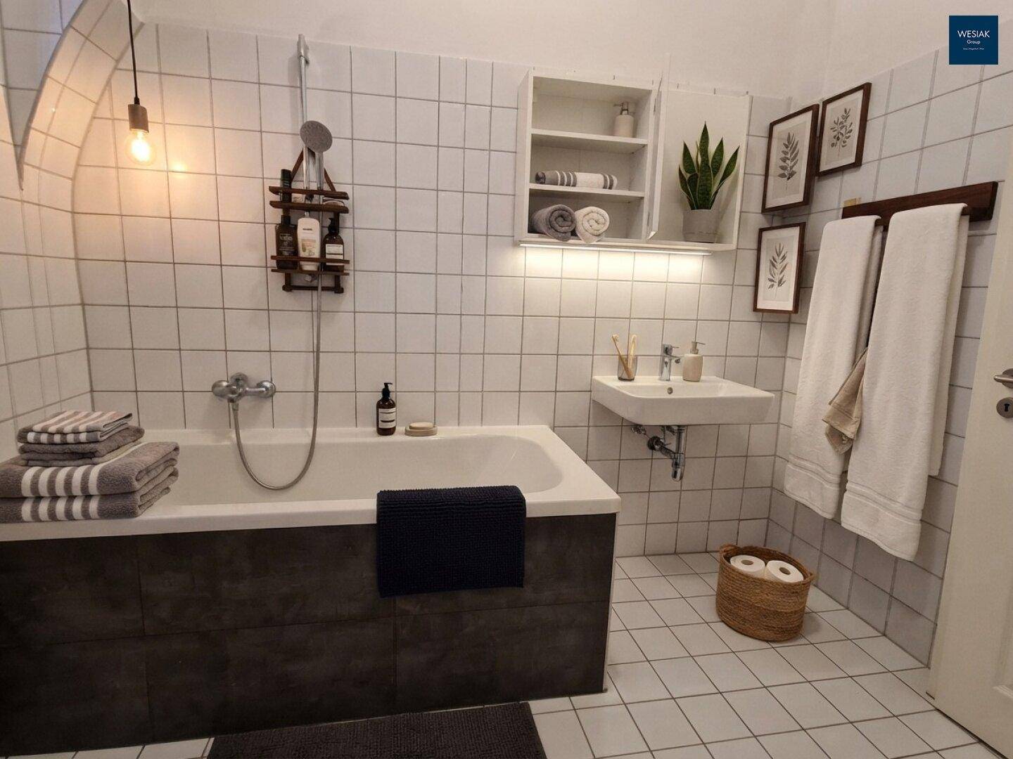 Modernes Badezimmer mit Badewanne, Duschfunktion und weißen Wandfliesen.