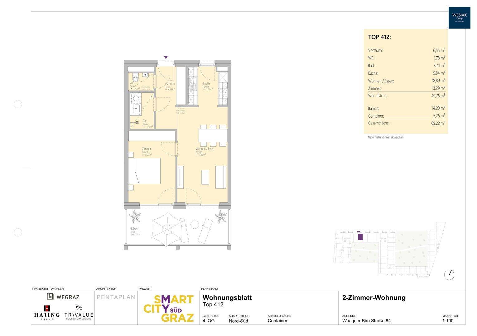 Grundriss einer 2-Zimmer-Wohnung mit offenem Wohnbereich, Balkon und separatem WC.