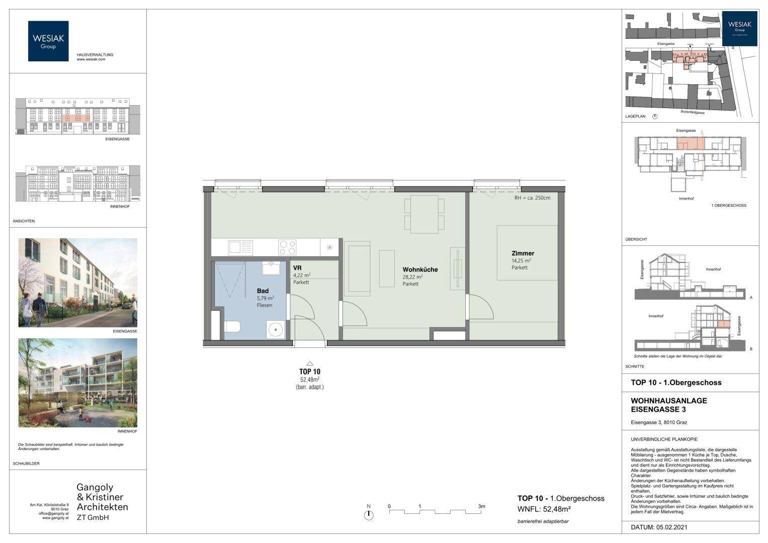 Detaillierter Grundriss einer Wohnung mit Wohnküche, Zimmer und Bad, inklusive Lageplan.