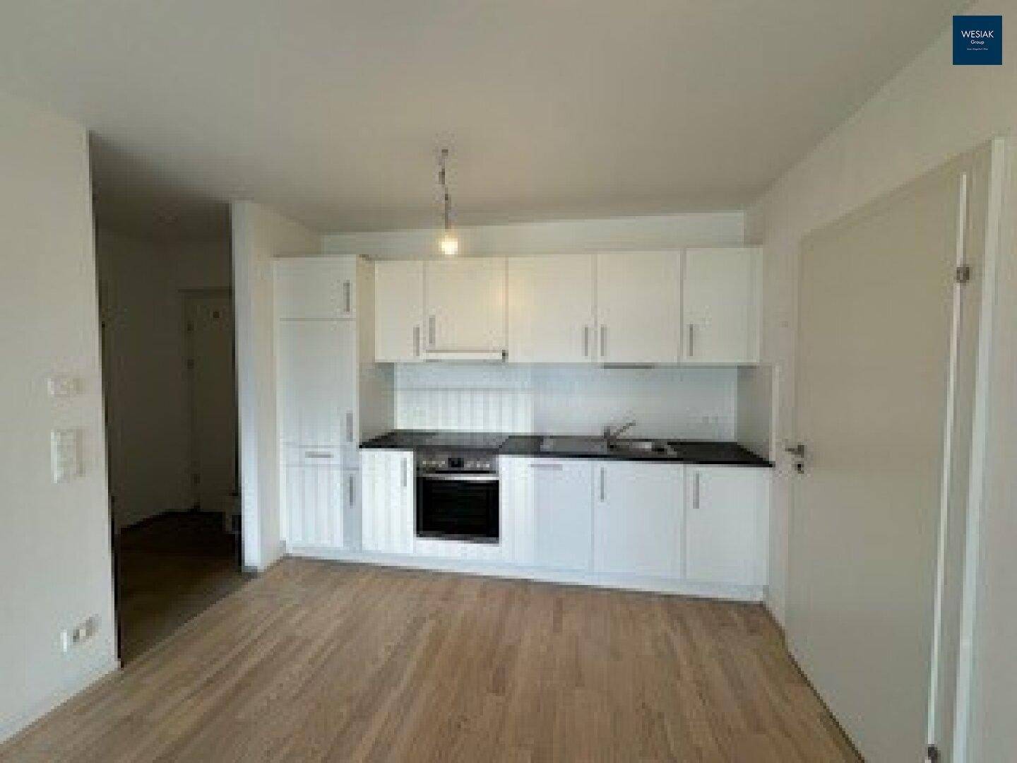 Moderne Einbauküche mit weißen Hochglanzfronten, dunkler Arbeitsplatte und hellem Holzfußboden.