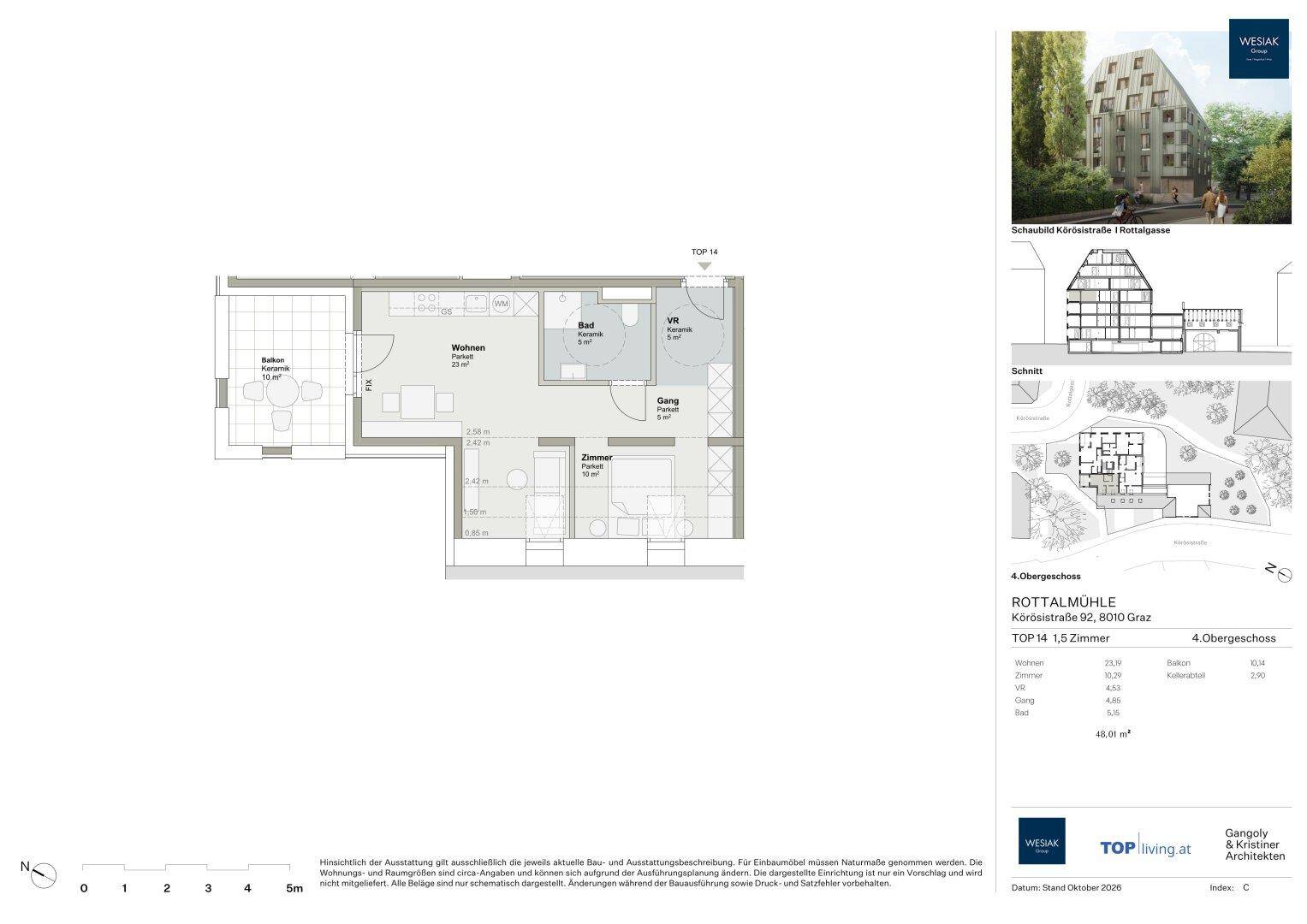 Grundriss einer modernen 1,5-Zimmer-Wohnung mit offenem Wohnbereich, Balkon und einem Badezimmer.