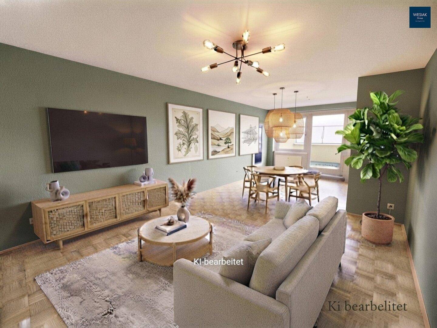 Heller Wohn-Essbereich mit grünen Wänden, modernem Mobiliar und Zugang zu einem Balkon.