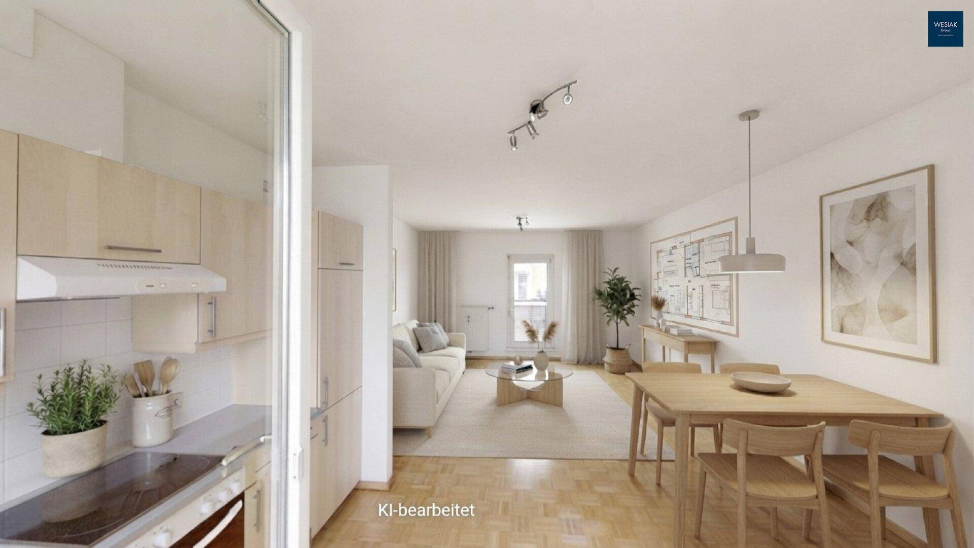 Offener Wohnbereich mit integrierter Küchenzeile, Essbereich und hellem Wohnzimmer mit Balkonzugang.