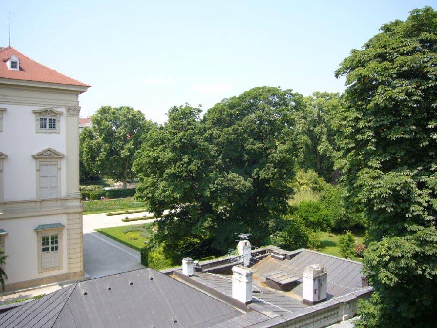 Weitläufiger Blick auf eine grüne Parkanlage mit alten Bäumen und einem Teil des historischen Gebäudes.