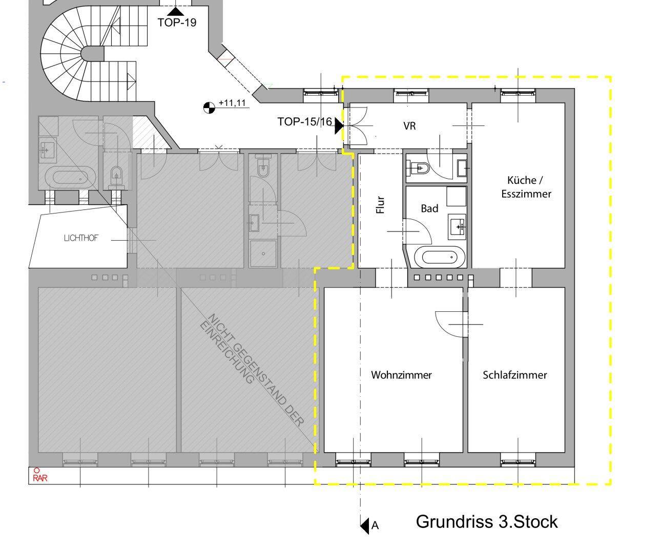 Grundriss der Wohnung im 3. Stock mit Wohnzimmer, Schlafzimmer, Küche/Esszimmer und Bad.