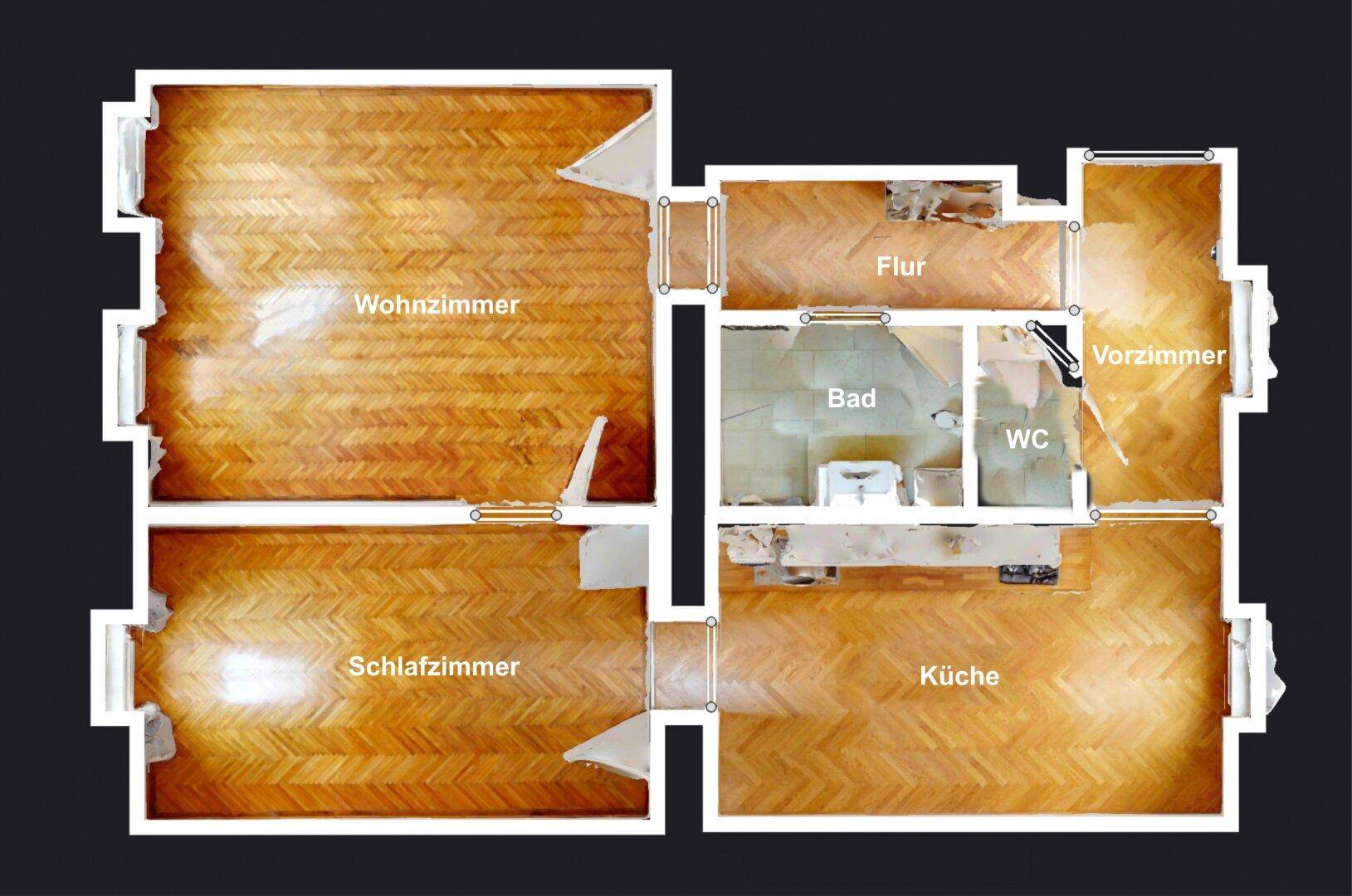 Detaillierter Grundriss der Wohnung mit Wohnzimmer, Schlafzimmer, Küche, Bad und WC.