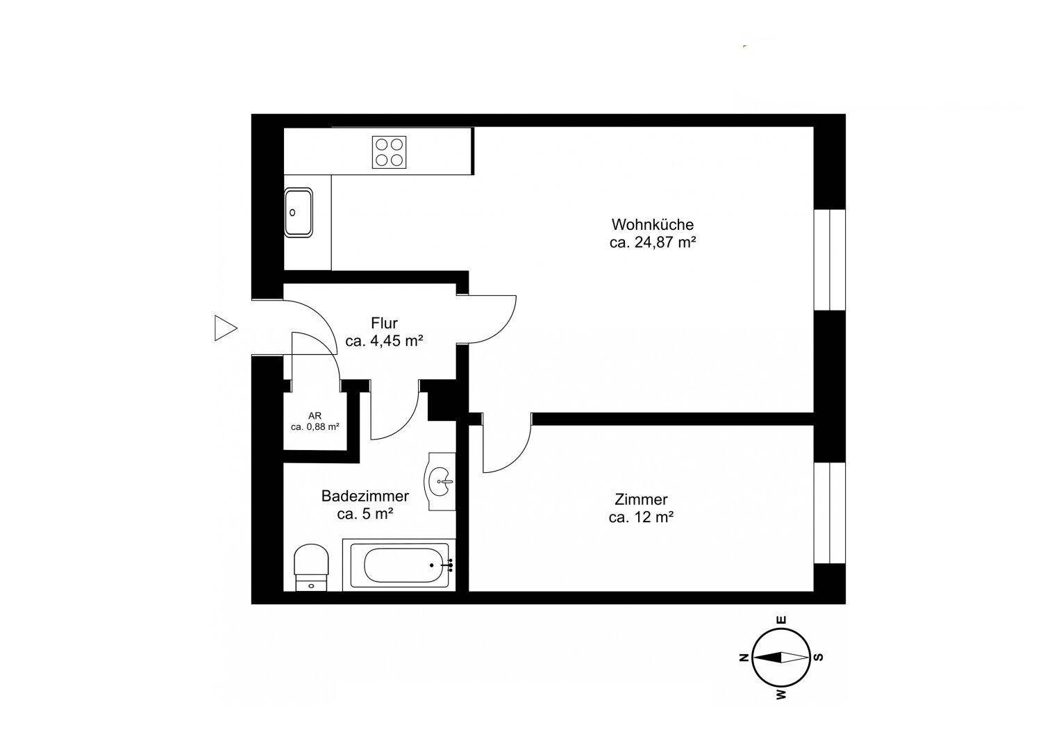 Grundriss einer Wohnung mit Wohnküche, Bad, Flur und einem weiteren Zimmer.