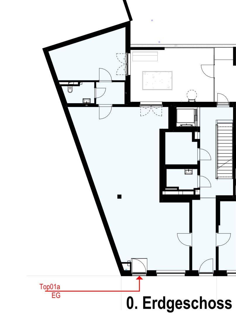 Grundriss des Erdgeschosses mit verschiedenen Räumen und Zugang zum Treppenhaus.