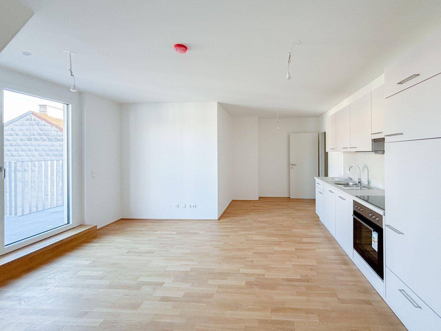 Moderne Einbauküche in einem offenen Wohnbereich mit hellem Holzboden und Balkonzugang.