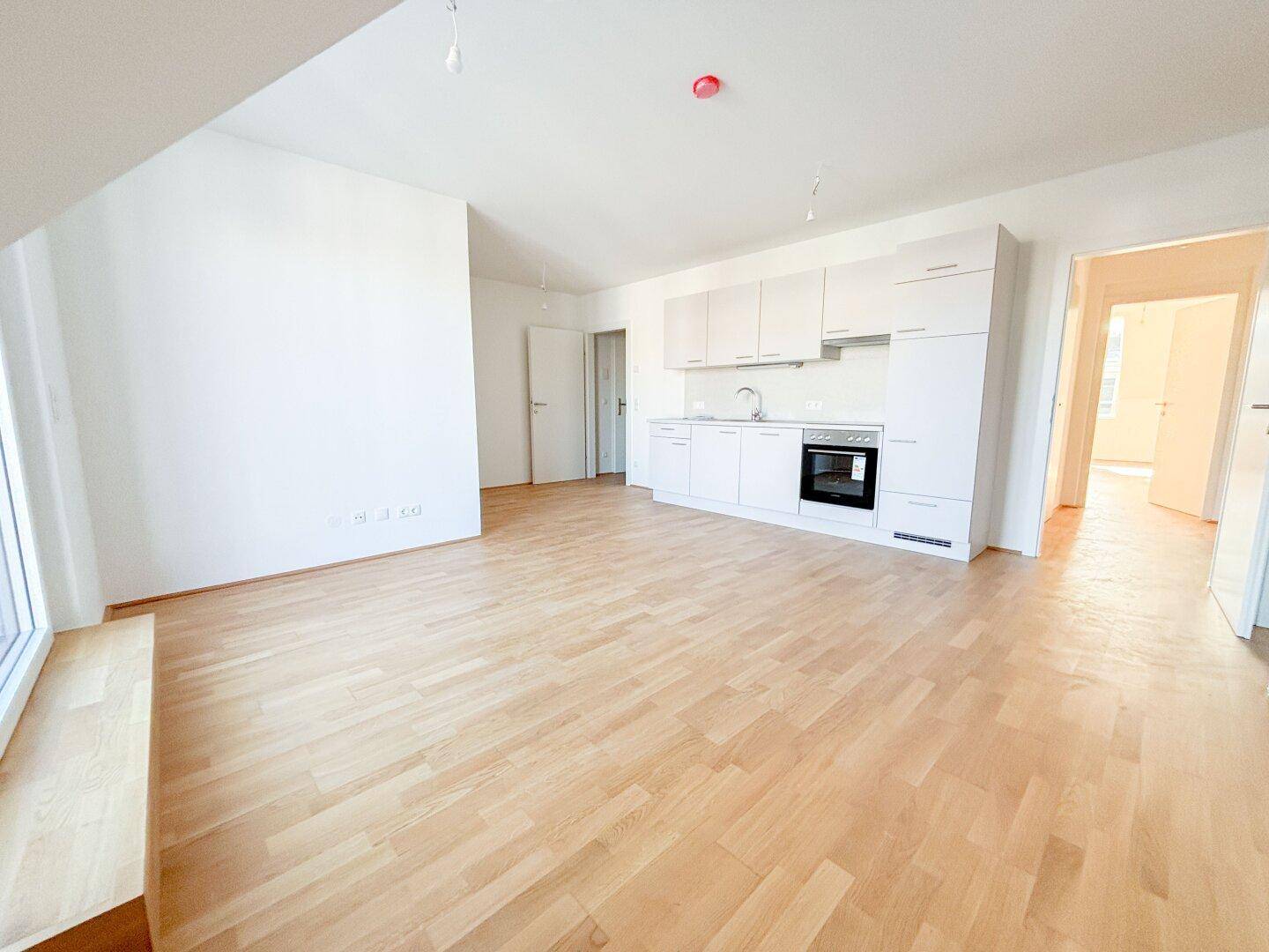 Heller Wohnbereich mit offener Küche und Holzboden, bietet viel Platz und natürliches Licht.