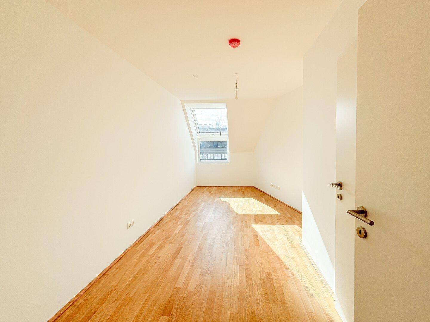 Helles Zimmer im Dachgeschoss mit Holzboden und einem großen Dachfenster, sonnendurchflutet.