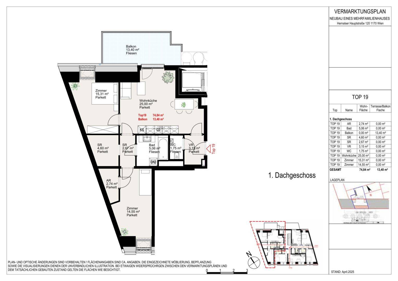 Grundrissplan des Dachgeschosses mit Balkon, zeigt die Raumaufteilung und Flächenangaben.