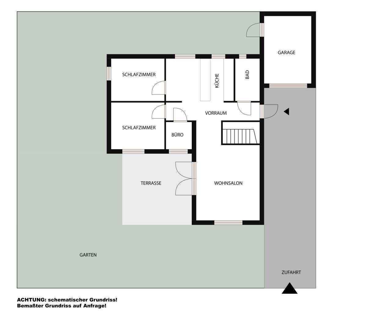 Schematischer Grundriss des Erdgeschosses mit Wohnsalon, Küche, Schlafzimmern und Terrasse.
