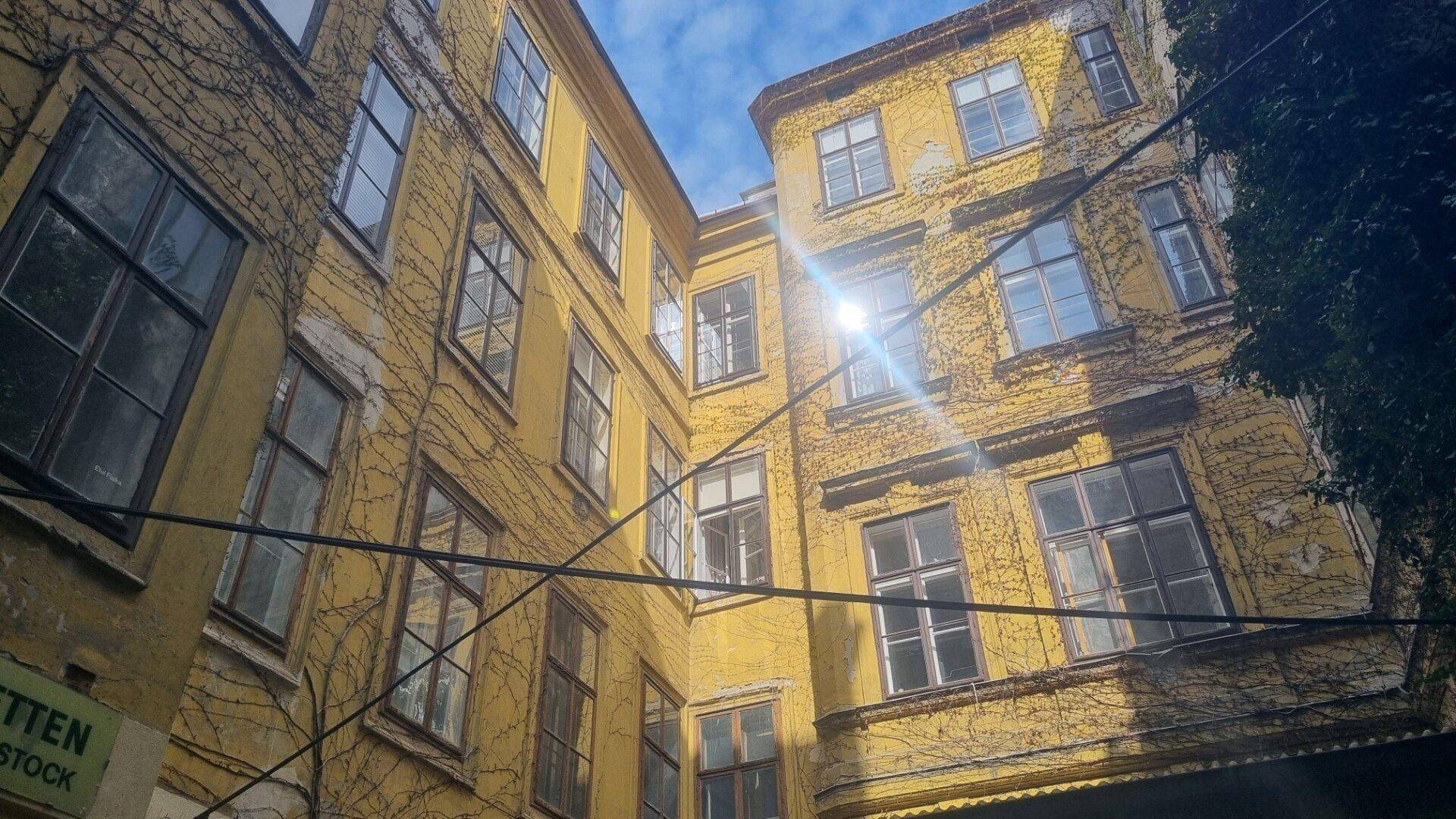 Sonniger Innenhof eines Altbaus mit gelber Fassade und Rankpflanzen an den Wänden.