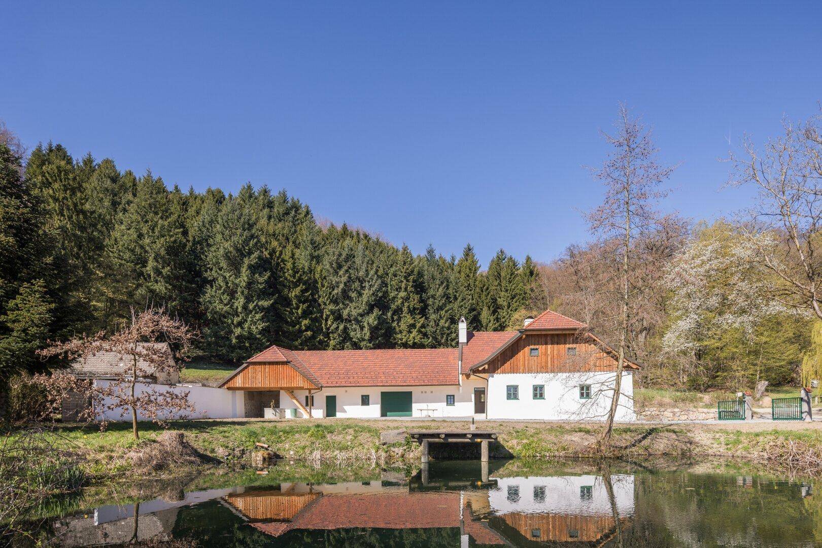 Traditionelles Landhaus mit rotem Ziegeldach am Teich, umgeben von Wald und Natur.
