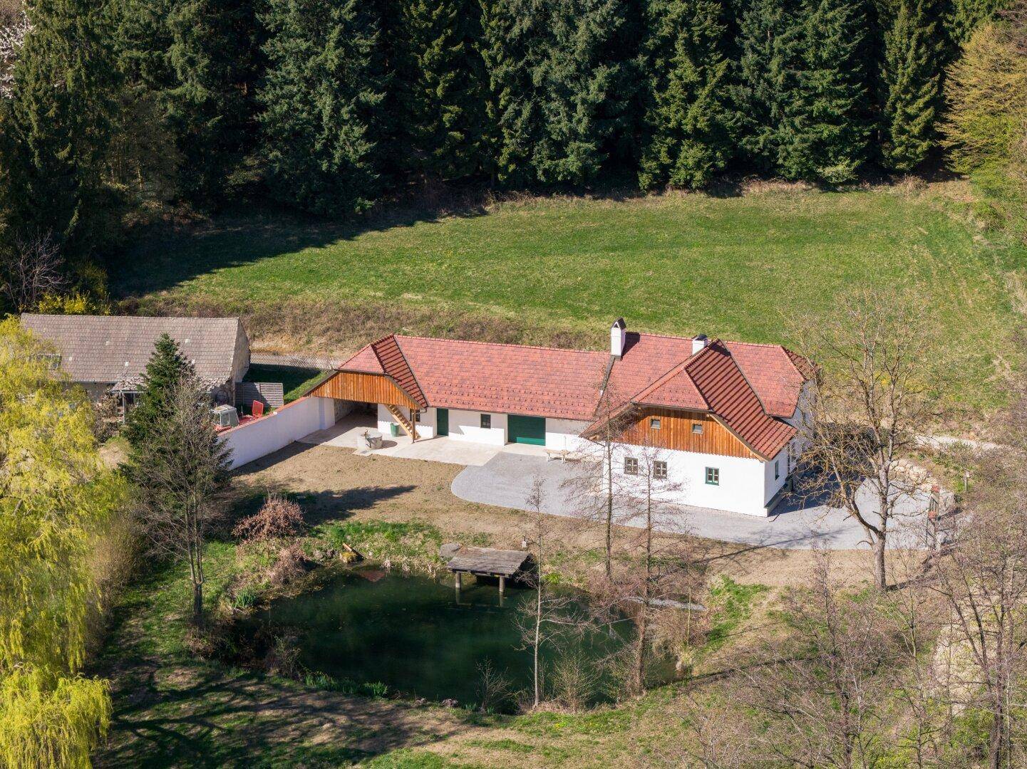 Luftaufnahme des Anwesens mit Hauptgebäude, Teich und weitläufigen Wiesenflächen in ländlicher Umgebung.