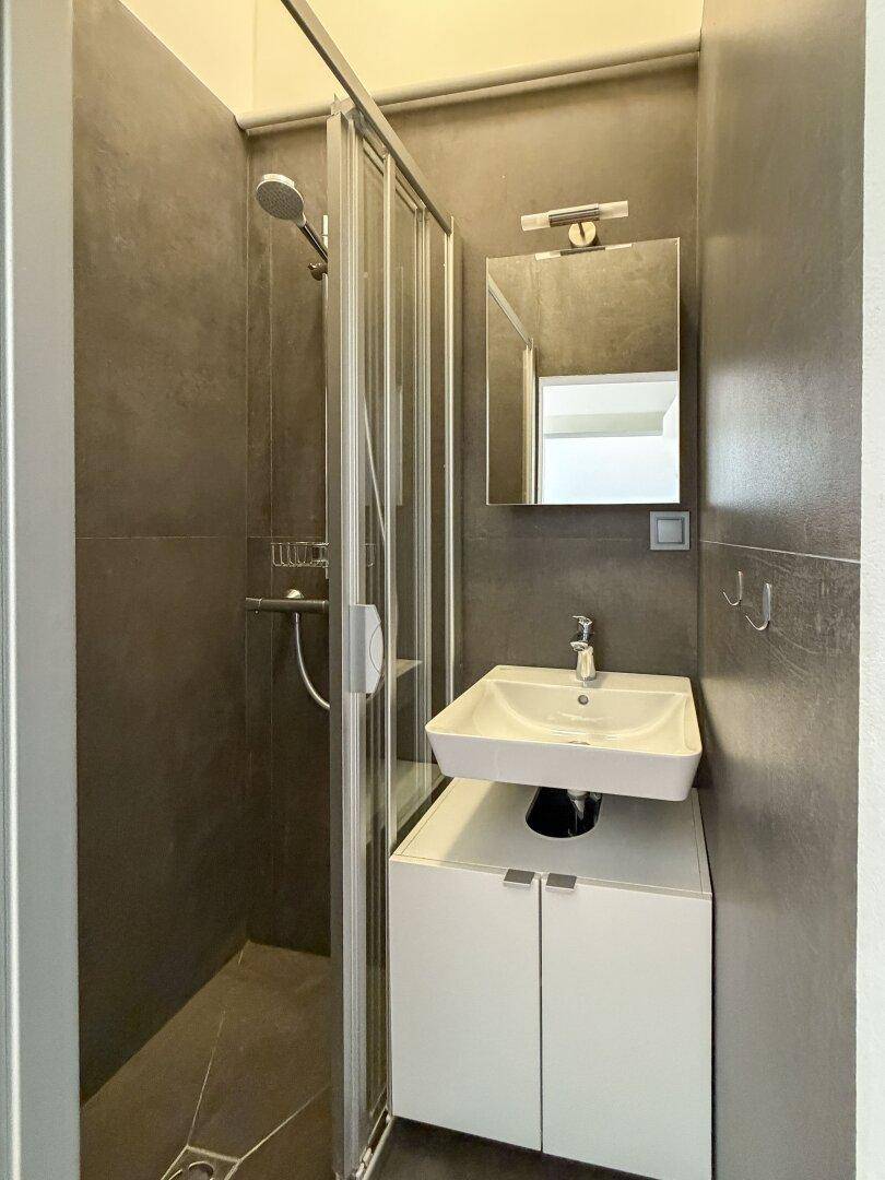 Kleines, modernes Badezimmer mit Duschkabine, Waschbecken und dunklen Fliesen an den Wänden.