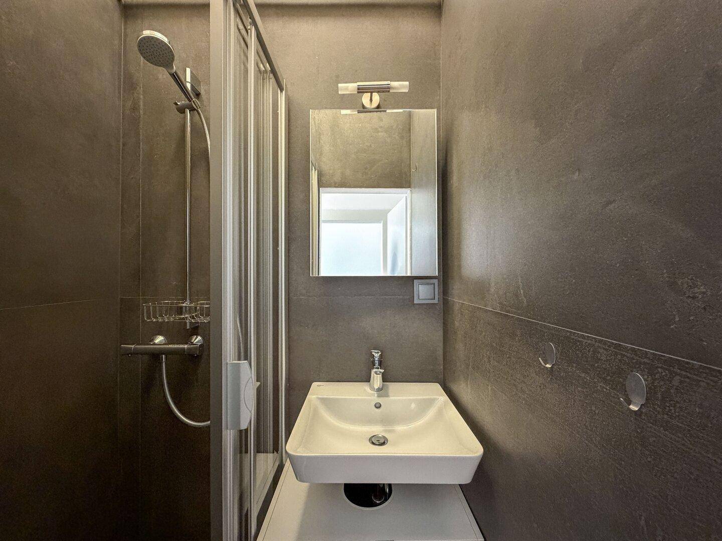Kompaktes Badezimmer mit Duschkabine, Waschbecken und Spiegel, ausgestattet mit modernen Armaturen.