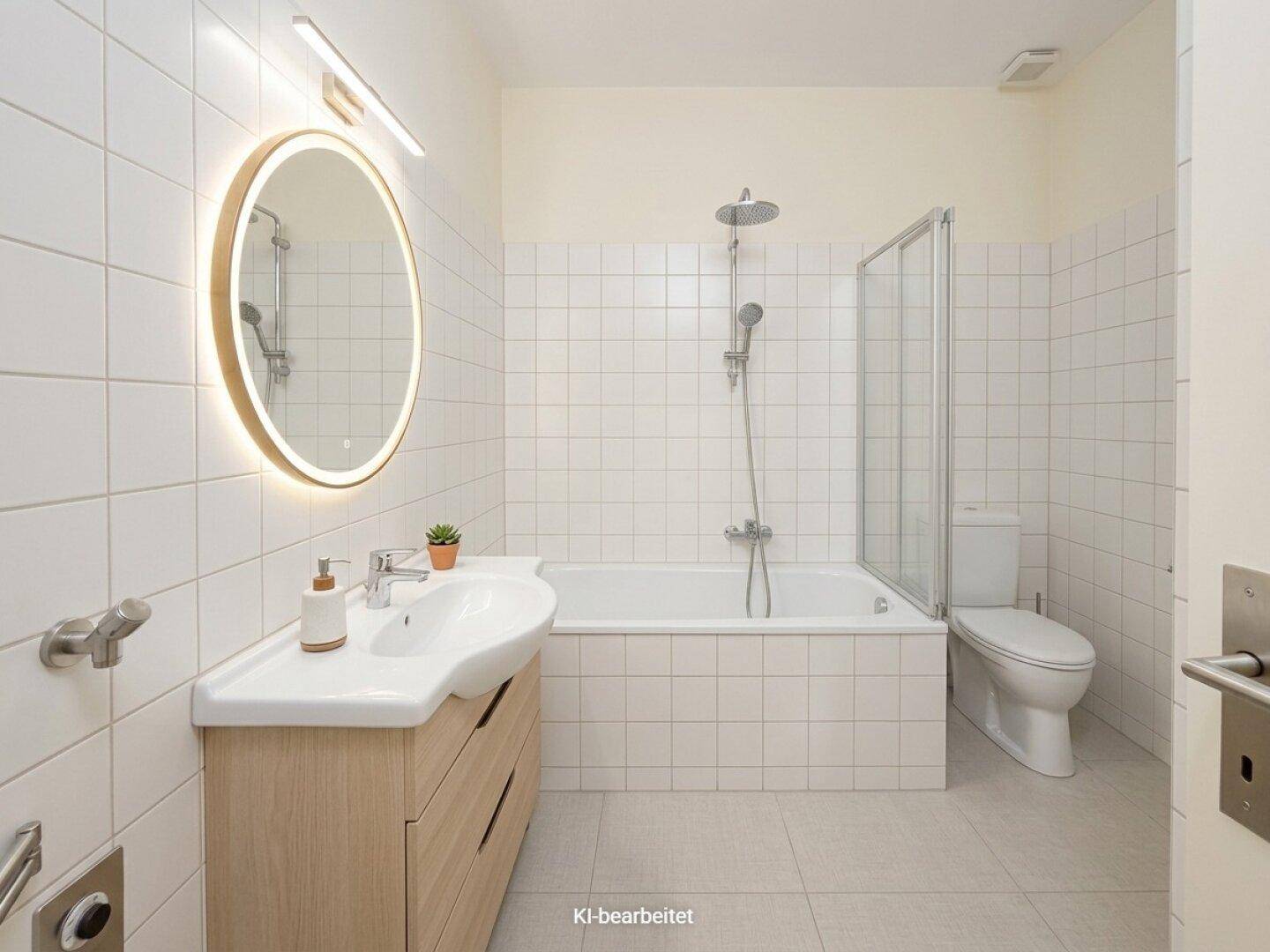 Modernes Badezimmer mit Badewanne, Dusche, Waschtisch und beleuchtetem Spiegel.