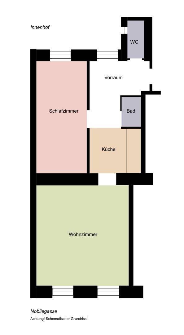 Schematischer Grundriss der Wohnung mit Wohnzimmer, Schlafzimmer, Küche, Bad und WC.
