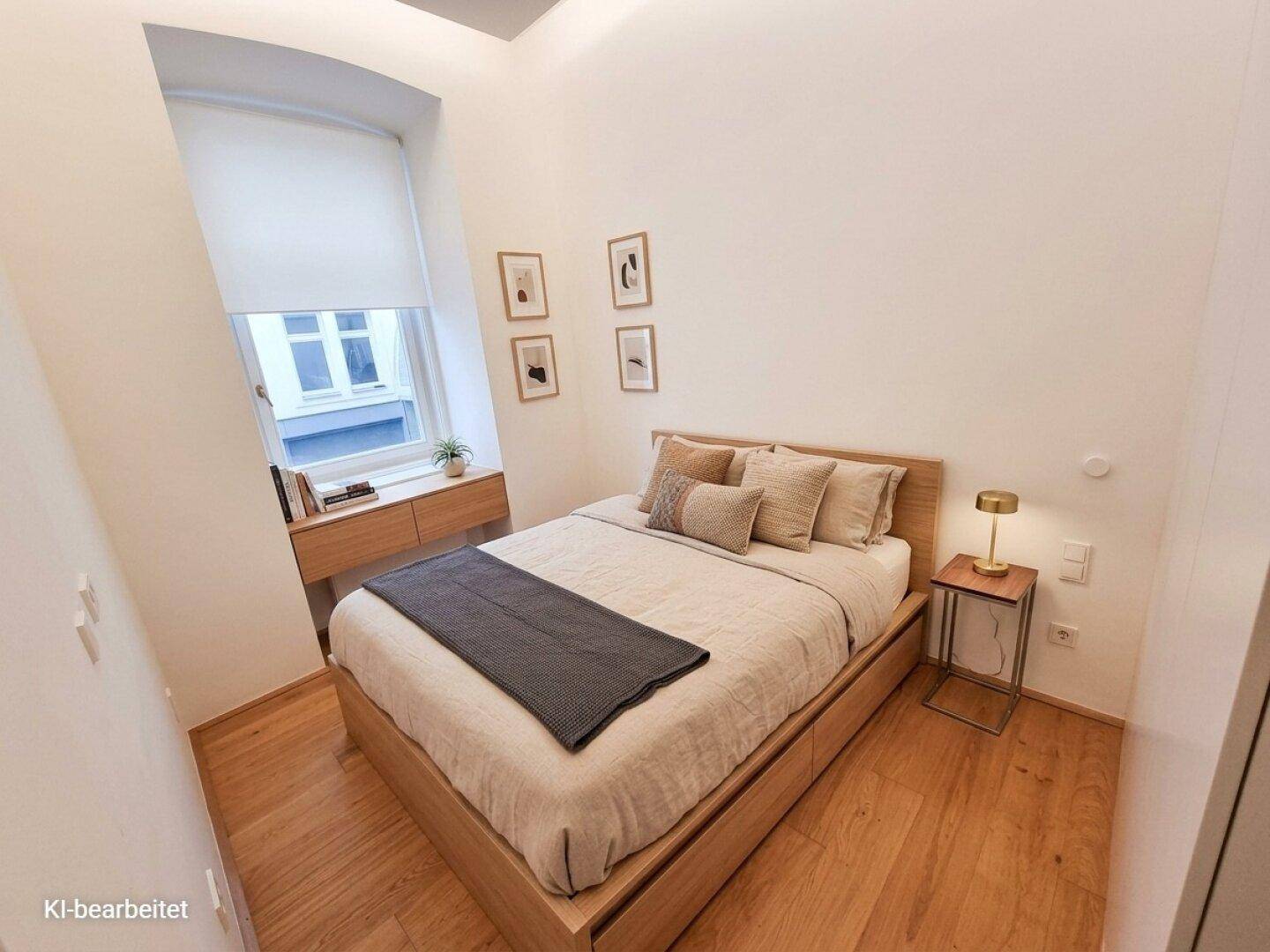 Gemütliches Schlafzimmer mit Holzbett, Nachttisch und Fenster, das viel natürliches Licht hereinlässt.
