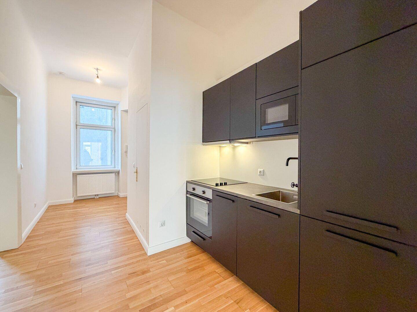 Moderne Küchenzeile in dunklem Design mit integriertem Backofen und Mikrowelle, offen zum Flur.