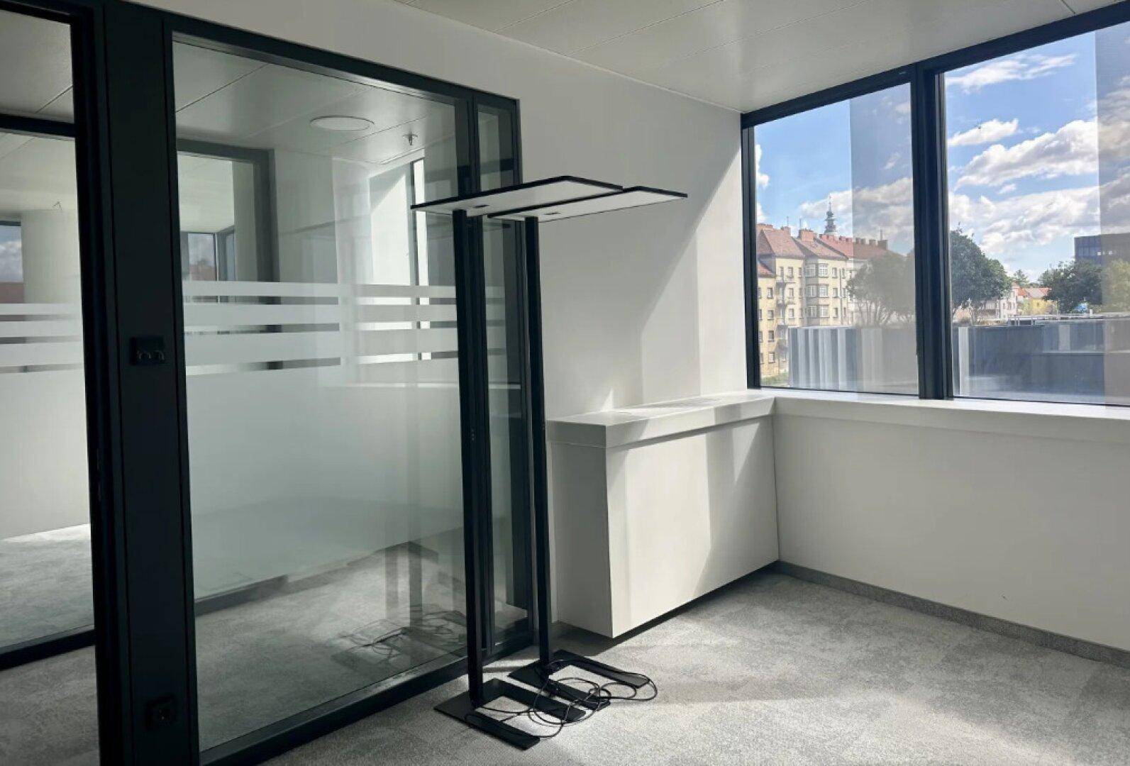 Modernes Büro mit Glaswand, großen Fenstern und Teppichboden, gut beleuchtet.