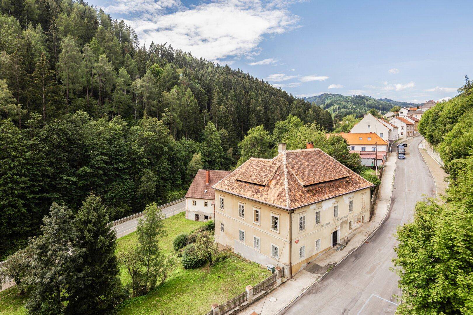 Historisches Gebäude mit Ziegeldach, umgeben von üppiger grüner Landschaft und Wald.