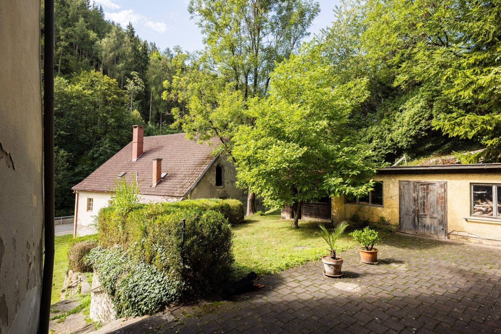 Gepflasterter Hofbereich mit Topfpflanzen und Blick auf das Nebengebäude und den Garten.
