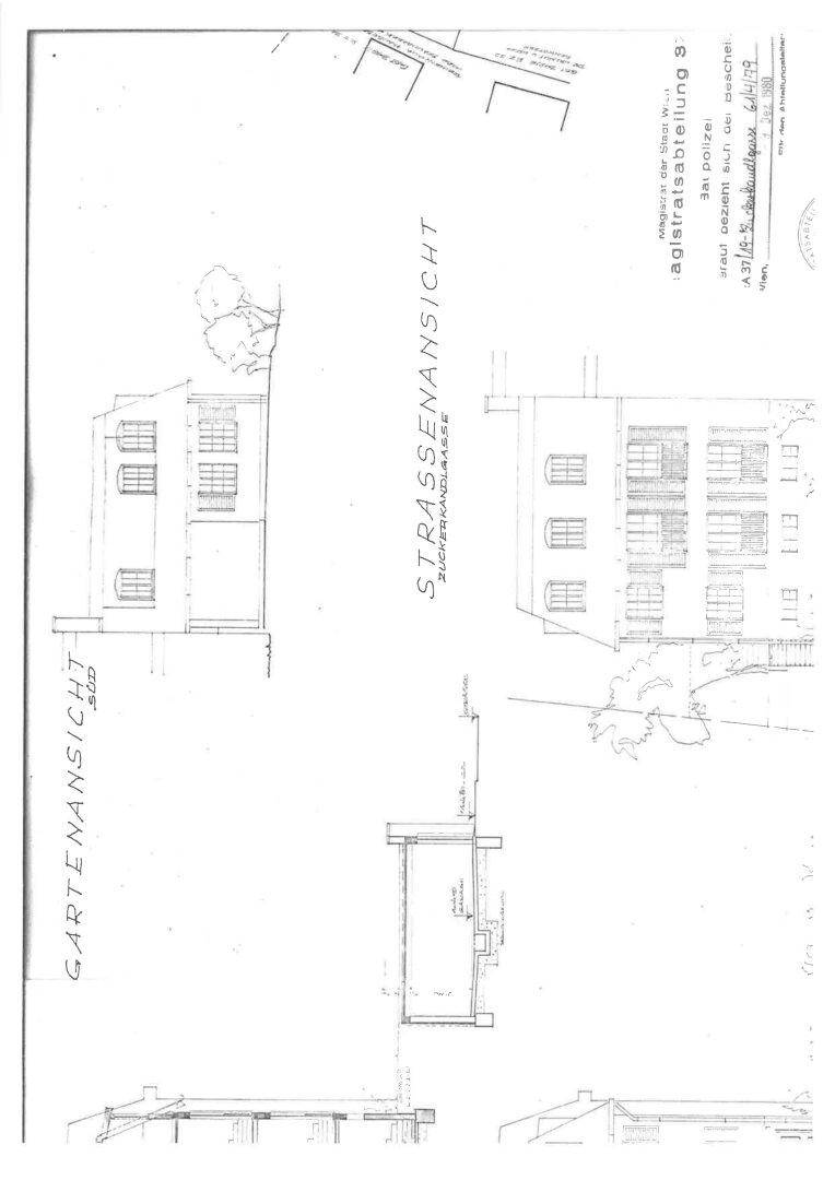 Ansichten des Gebäudes von der Garten- und Straßenseite mit Fensterdetails.